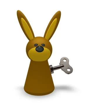 Rabbit token with wind-up key on white background - 3d illustration Stock Illustration