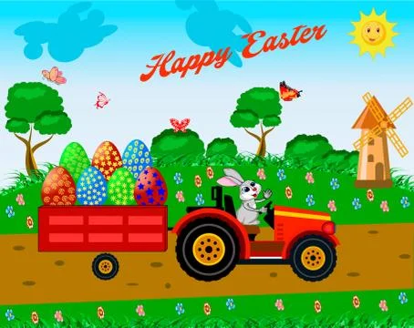 Rabbit on a tractor with a cart loaded with Easter eggs Stock Illustration
