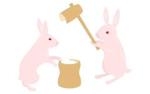 Rabbit using a pestle and mortar to make rice cakes; rice cakes that stretch Stock Illustration
