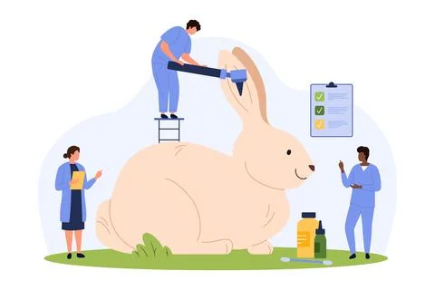 Rabbit at veterinarians appointment, tiny people check health of ears with Illustrazione stock
