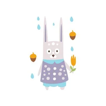 Rabbit In Violet Clothes Under Rain In Autumn Standing Upright Humanized Animal Stock Illustration