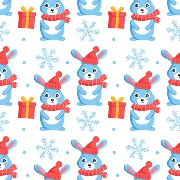 Rabbit in warm clothes with a gift box and snowflakes around Stock Illustration