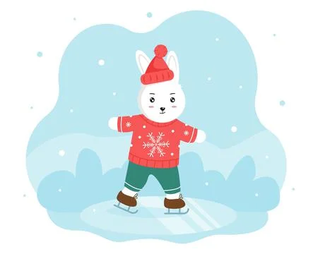 Rabbit in a warm red sweater and a hat is skating. Fun winter entertainment Stock Illustration