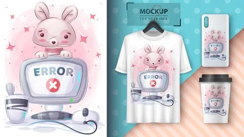 Rabbit works at the computer poster and merchandising. イラスト素材