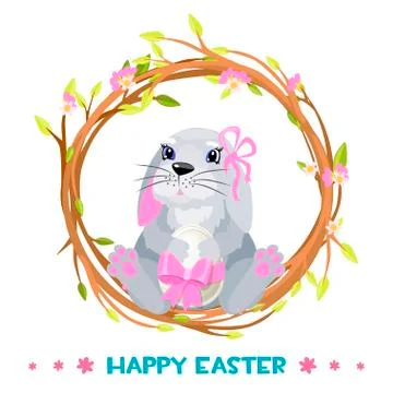 Rabbit in a wreath for happy easter with egg. Stock Illustration