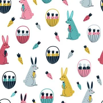Rabbits and carrots seamless pattern in Scandinavian style. Funny background Stock Illustration