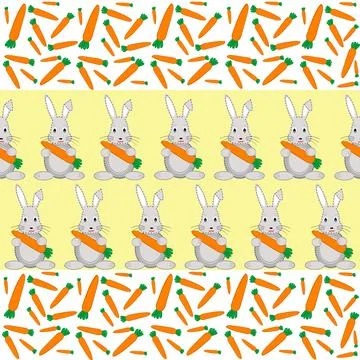 Rabbits and carrots seamless pattern on yellow background Stock Illustration