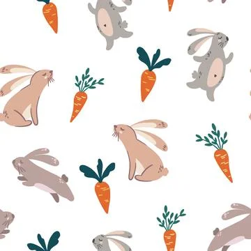 Rabbits and carrots seamless pattern. Cartoon Bunnies. Creative childish back Stock Illustration