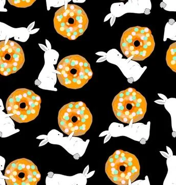 Rabbits and donuts, black background. Sweet pattern. Vector seamless pattern  Stock Illustration