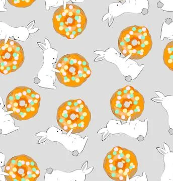Rabbits and donuts, grey background. Sweet pattern. Vector seamless pattern - Illustrazione stock