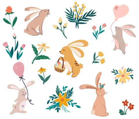 Rabbits and flowers. Happy Easter. Cute bunnies and wild flowers. Perfect for Stock Illustration