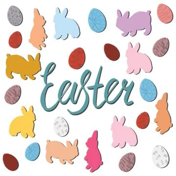 Rabbits and painted Easter eggs with lettering Easter. Stock Illustration