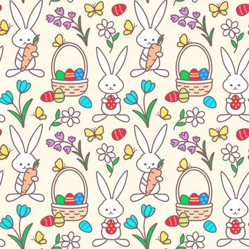 Rabbits and painted eggs in basket colorful seamless pattern Illustrazione stock