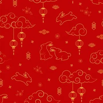 Rabbits character seamless pattern with asian elements on red background fo.. Stock Illustration