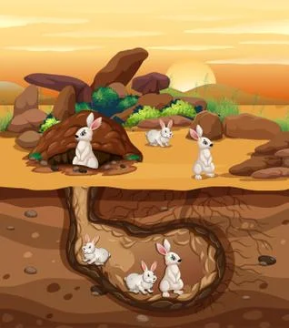 Rabbits Digging a Hole Stock Illustration