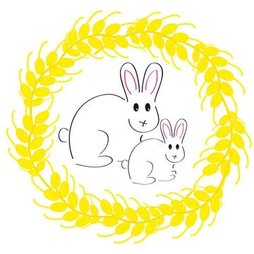 Rabbits with ears of corns on white background Stock Illustration