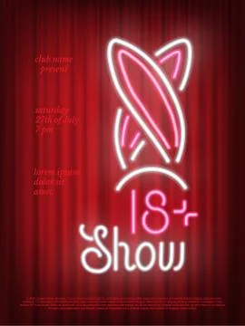 Rabbits ears neon sign vector poster on red curtain background Stock Illustration
