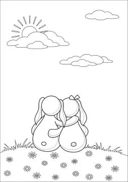 Rabbits enamoured under clouds, contours Stock Illustration