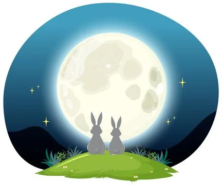Rabbits Gazing at the Full Moon Ilustração Stock