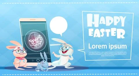 Rabbits Group Use Cell Smart Phone Easter Holiday Symbols Greeting Card Stock Illustration