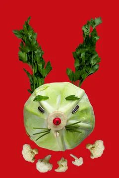 Rabbit's head made of vegetables: cabbage and parsley on a red background Stock Photos