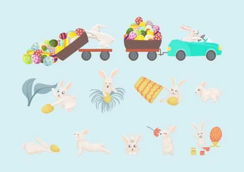 Rabbits hide eggs. Set of cute Happy Easter cartoon characters. Stock Illustration