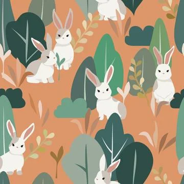 Rabbits in the Jungle Seamless Pattern Vector Illustrazione stock