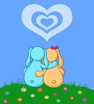 Rabbits lovers under heart Stock Illustration