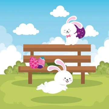 Rabbits in park scene with eggs easter decorated Ilustração Stock