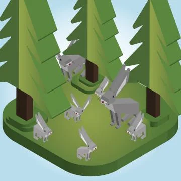 Rabbits in a Pine Forest Isometric Style - Vector Illustration Stock Illustration