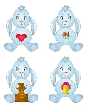 Rabbits sitting with gift, set Stock Illustration
