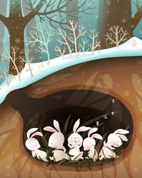 Rabbits Sleeping in a Den or Burrow in Forest Stock Illustration