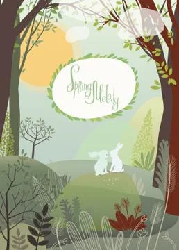 Rabbits in the spring forest Stock Illustration