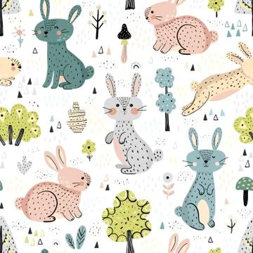 Rabbits in the woods cute seamless pattern Stock Illustration
