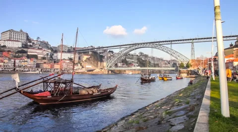Rabelo Boats, Ribeira District and Dom Luis I Bridge. Porto, Portugal Stock Footage
