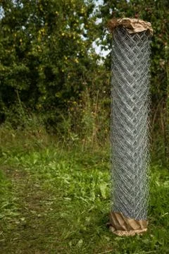 Rabitz grid in a roll on in garden. Selective focus. Free space for text. Stock Photos