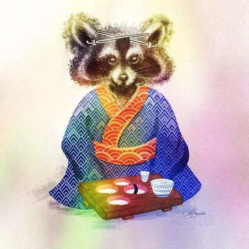 Raccoon in kimono, Asia Stock Illustration