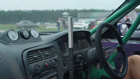 Race car cockpit interior view. Red racing car drives by Video stock 123600201