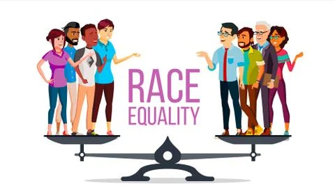 Race Equality Vector. Standing On Scales. Equal Opportunity. No Racism Illustrazione stock
