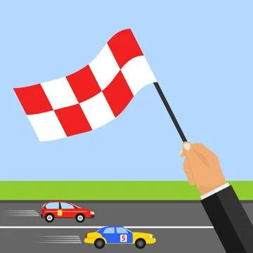 Race track. The hand with the flag shows the finish. Two cars ride at speed. Stock Illustration