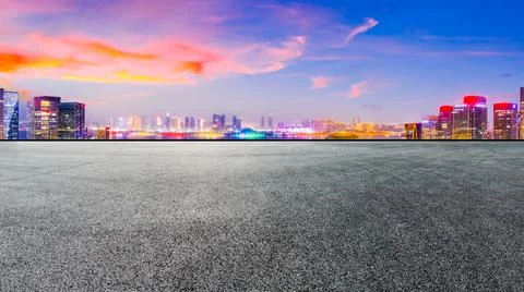 Race track road and modern city skyline with buildings in Hangzhou. Stock Photos