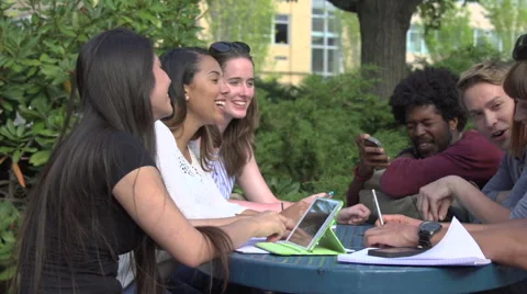 A racially-diverse group of students chat at a table Stock Footage 44117325