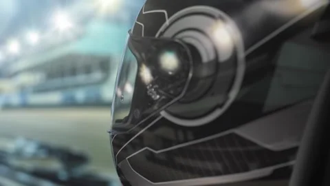 Racing action, helmet close-up, stadium lights reflection. Stock Footage 313115128