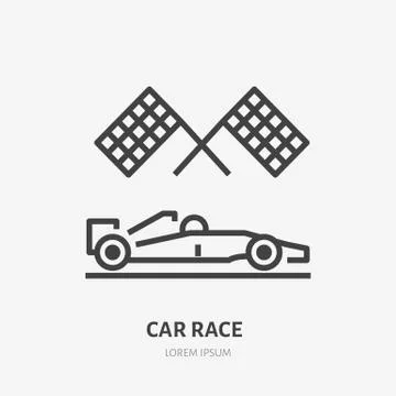 Racing car with checkered flags flat line icon. Vector sign of speed cars Illustrazione stock