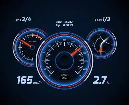 Racing car computer and app smartphone game dashboard vector interface Stockillustratie