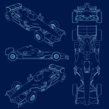Racing car contour set in the vector. Formula 1. Blue outline on blue background Stock Illustration