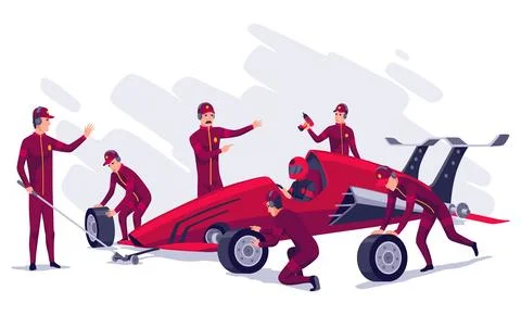Racing car on pit stop flat vector illustration. Professional mechanics and Stock Illustration