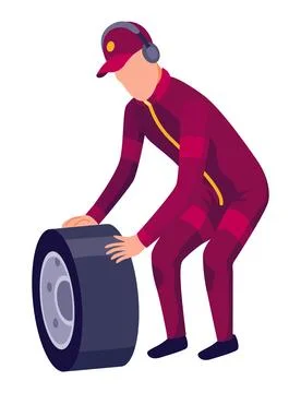 Racing car pit stop mechanics. Engineers team in uniform changing wheels, tires Stock Illustration