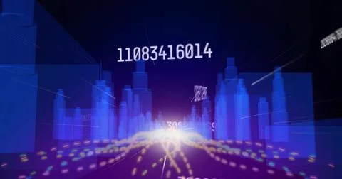 Racing code '11083416014' streaming toward horizon in digital cityscape, with Stockillustratie