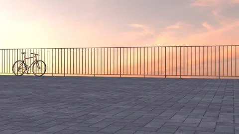 Racing cycle leaning against railing at sunset, 3D Rendering Stock Illustration